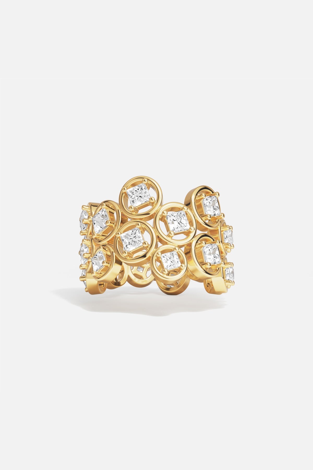 APM Ring in golden color, a radiant cluster of light and modern elegance.