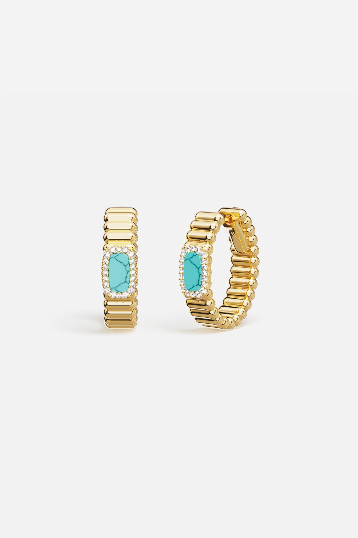 APM Hoop Earrings in gold color, turquoise centered, radiant and effortlessly chic.