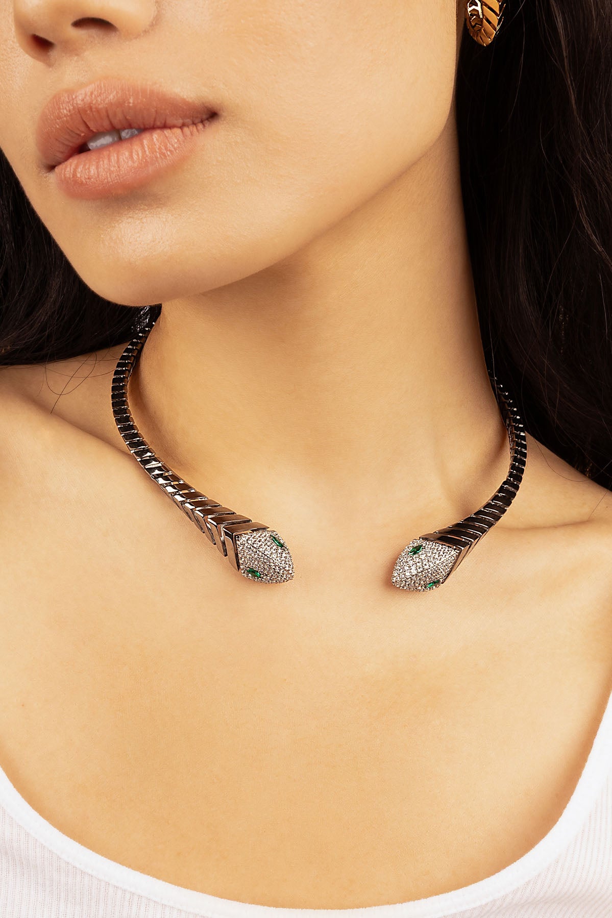APM Monaco Kaa Wrap Around Choker in Silver worn on neck