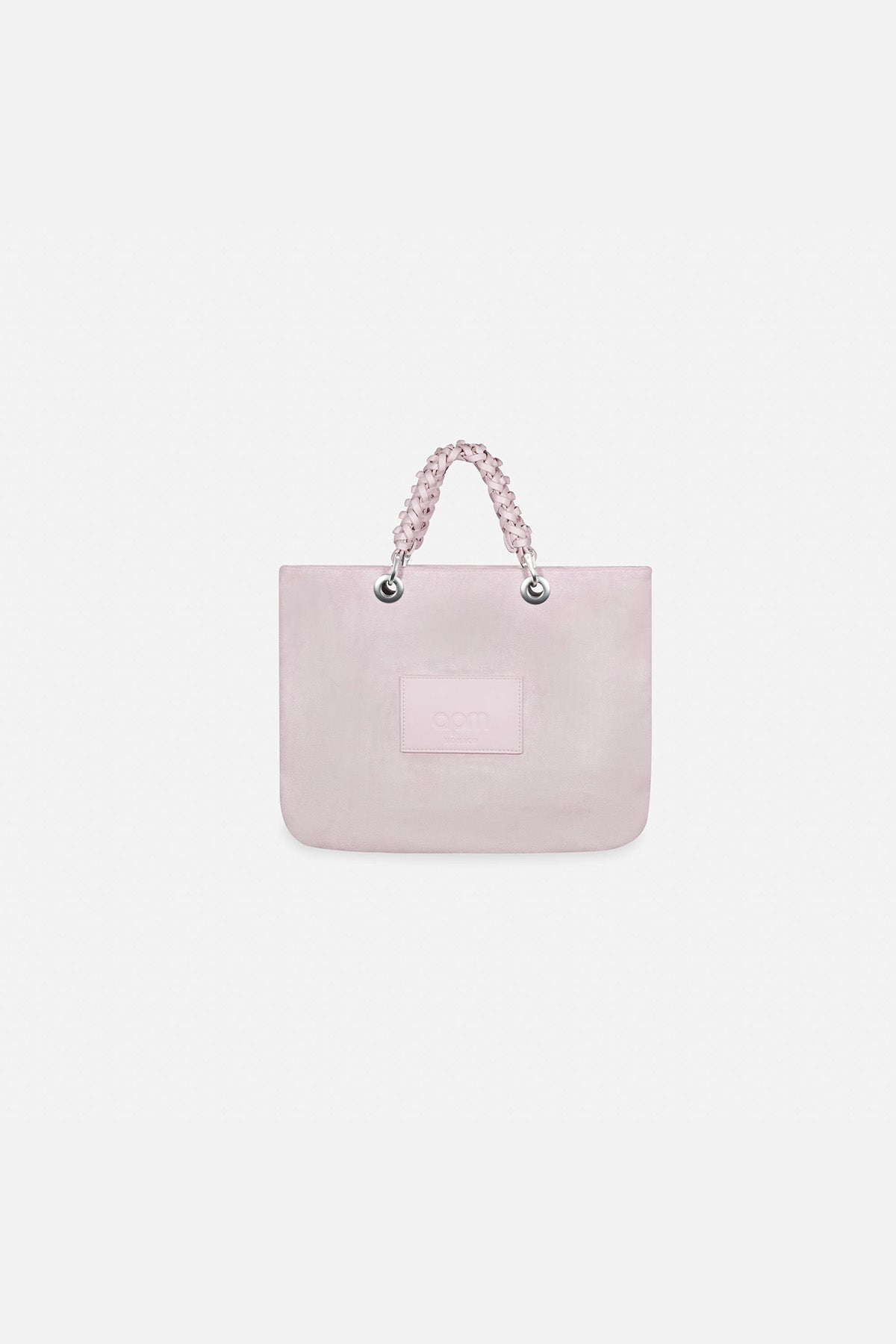 APM MONACO lavande handbag with a small square patch on a white background