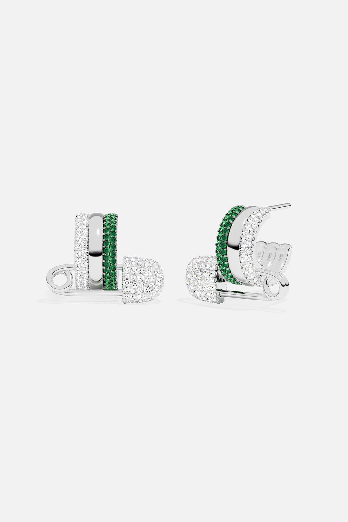 Pair of silver earrings with green stones on a white background