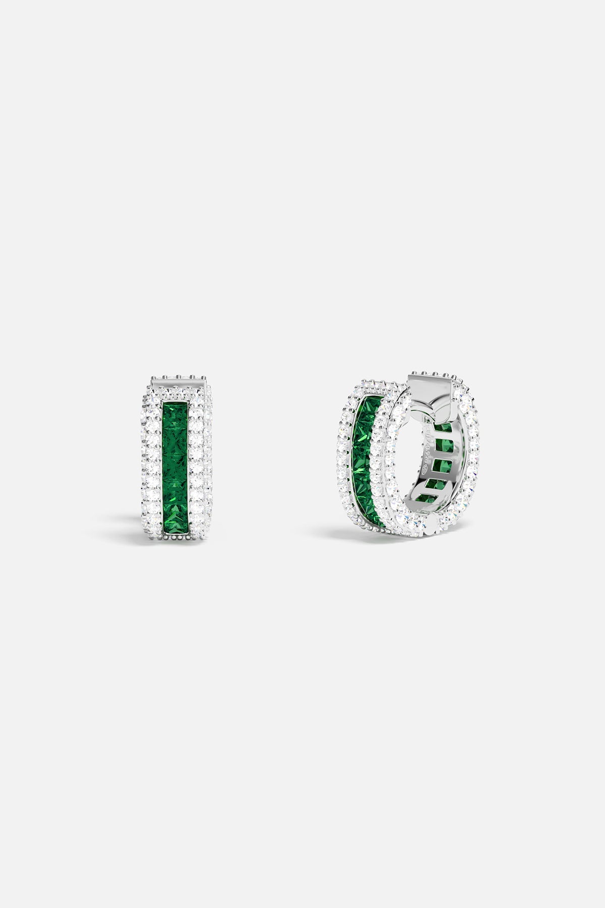 Pair of hoop earrings with green stones on a white background