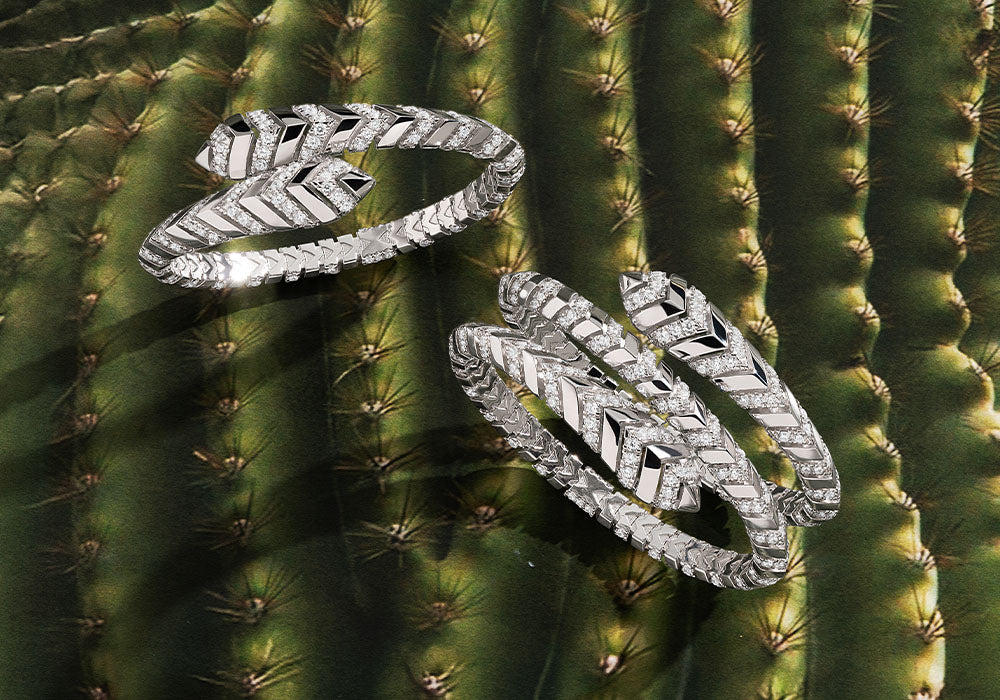 APM MONACO silver KAA bangles on a cactus background
