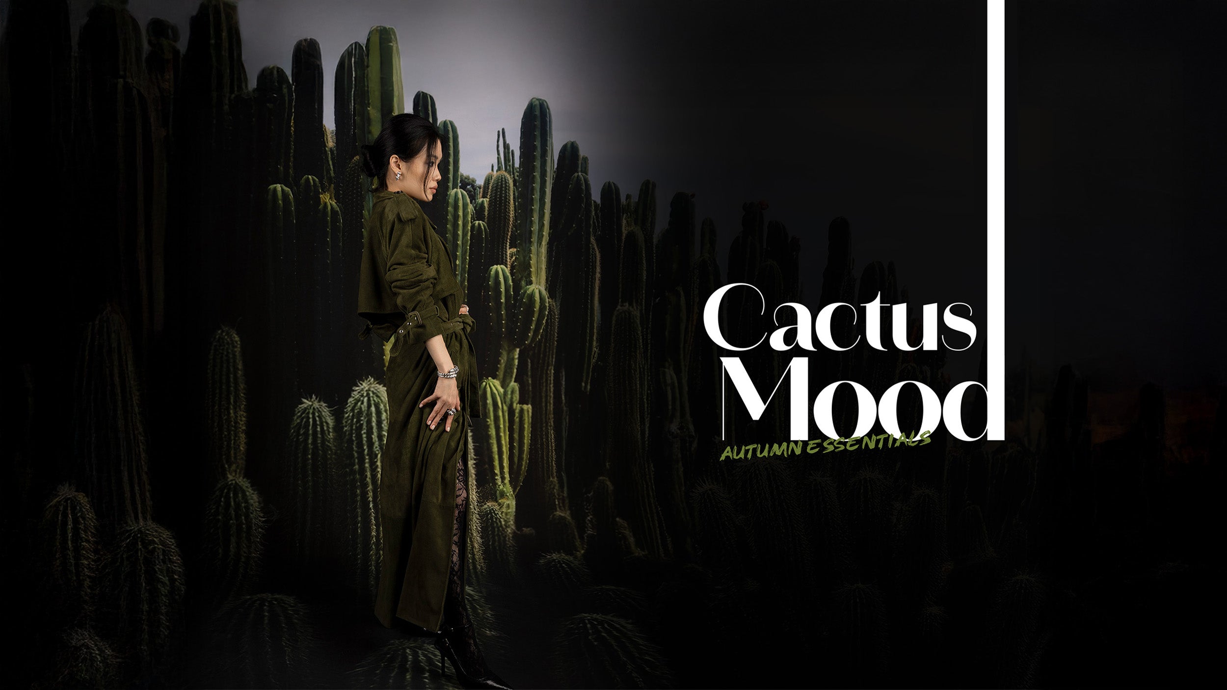 Woman in a dark outfit standing among cacti with 'Cactus Mood' text on a dark background