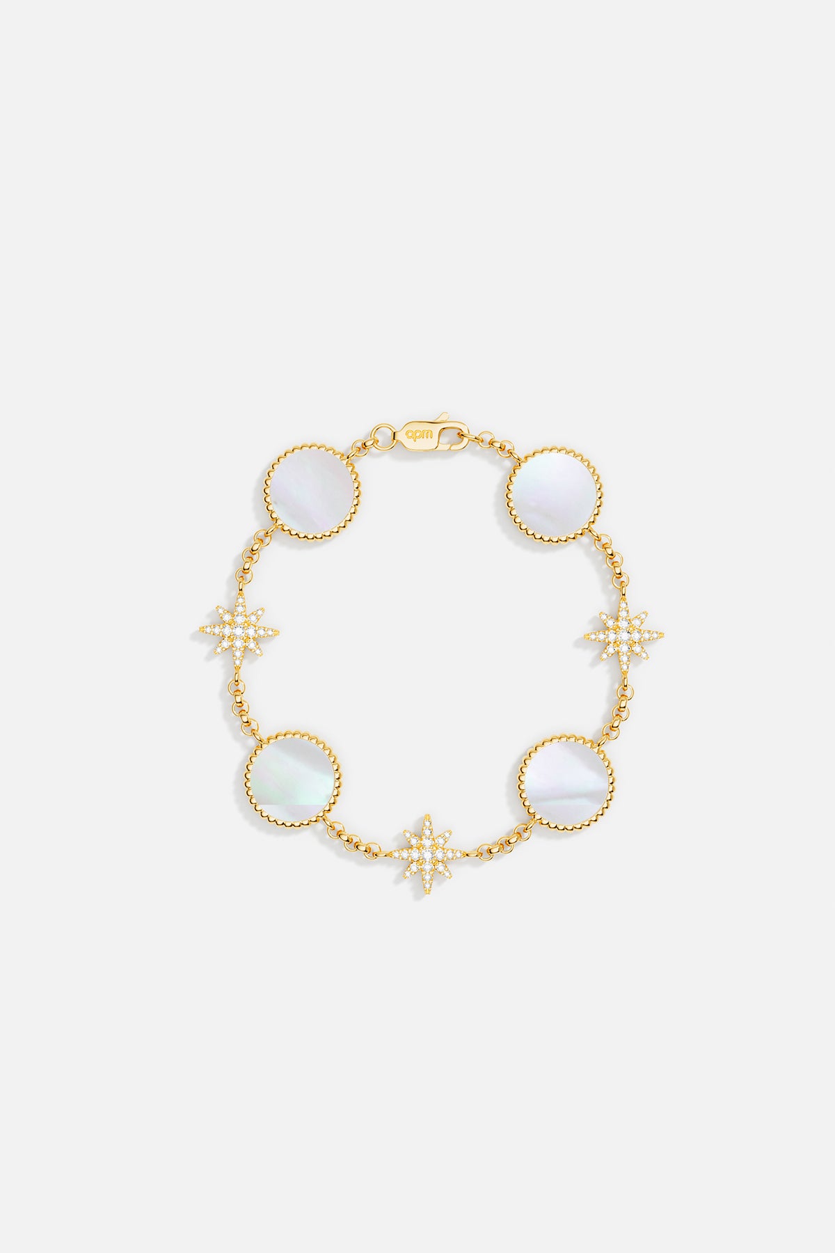 White nacre gold-plated bracelet with pavé Météorites on a white background