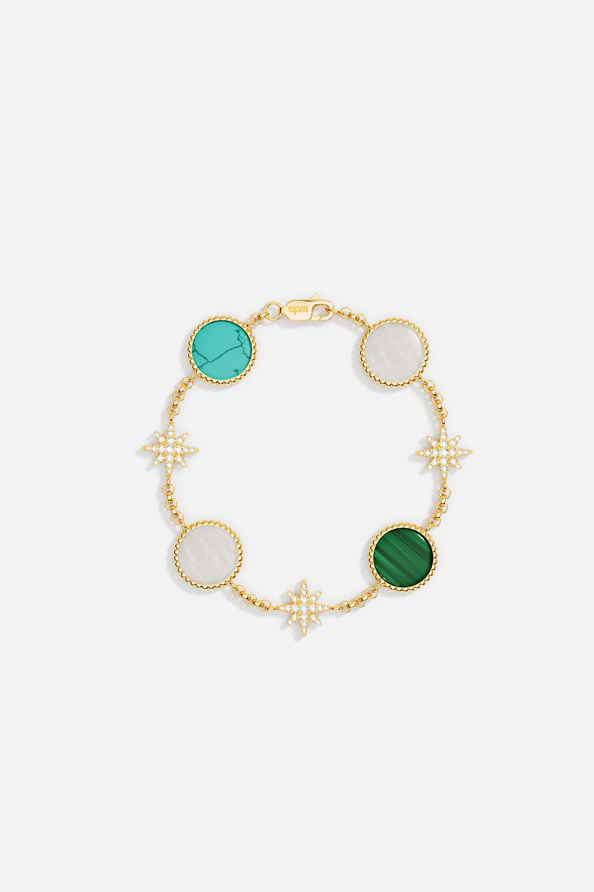 Bracelet with green, white, and gold circular stones on a light gray background