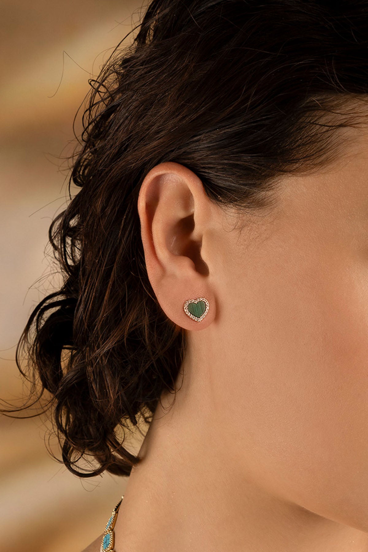 APM Monaco Malachite Heart Stud Earrings in Yellow Gold