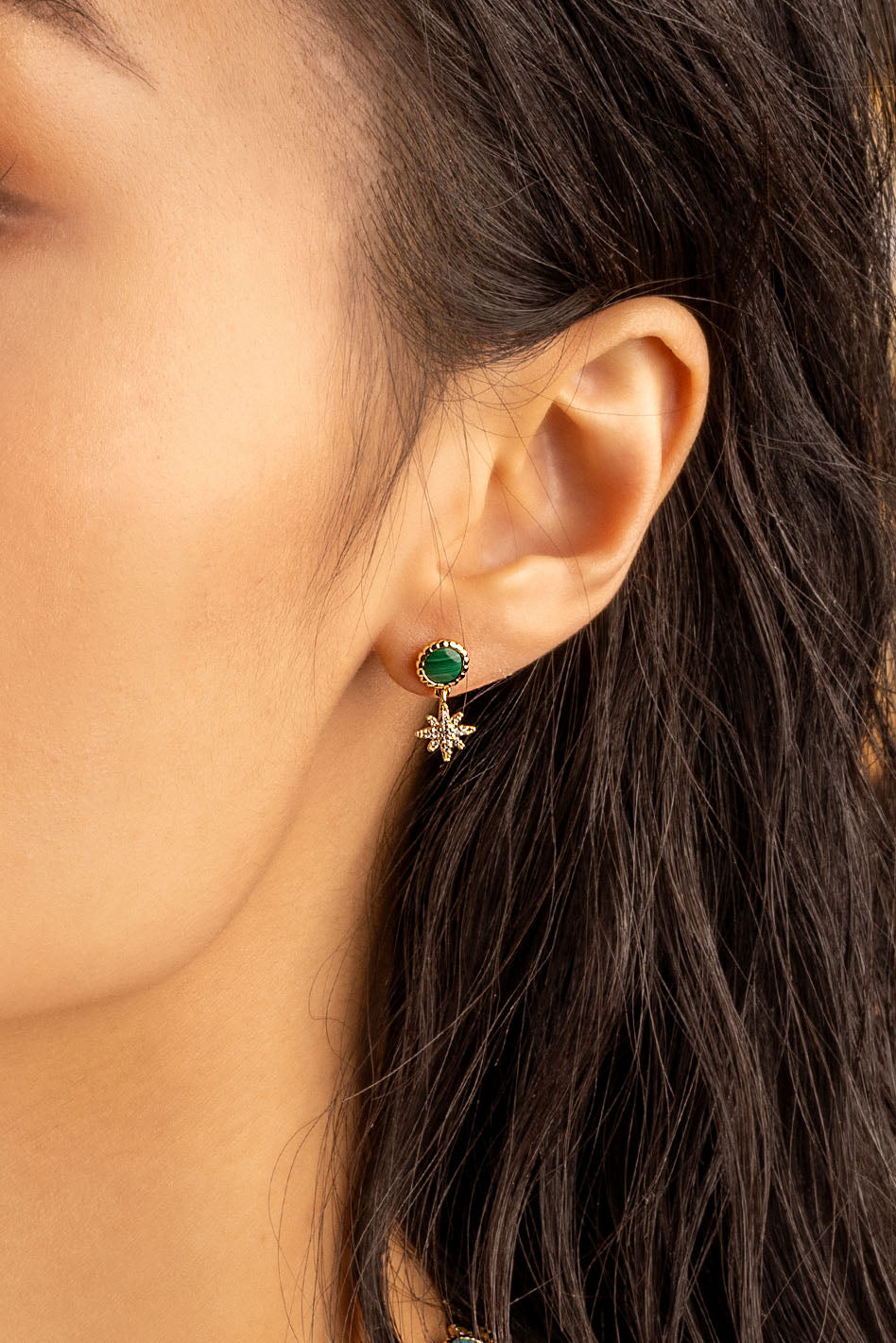 APM Monaco Malachite Météorites Earrings in Yellow Gold worn on ear