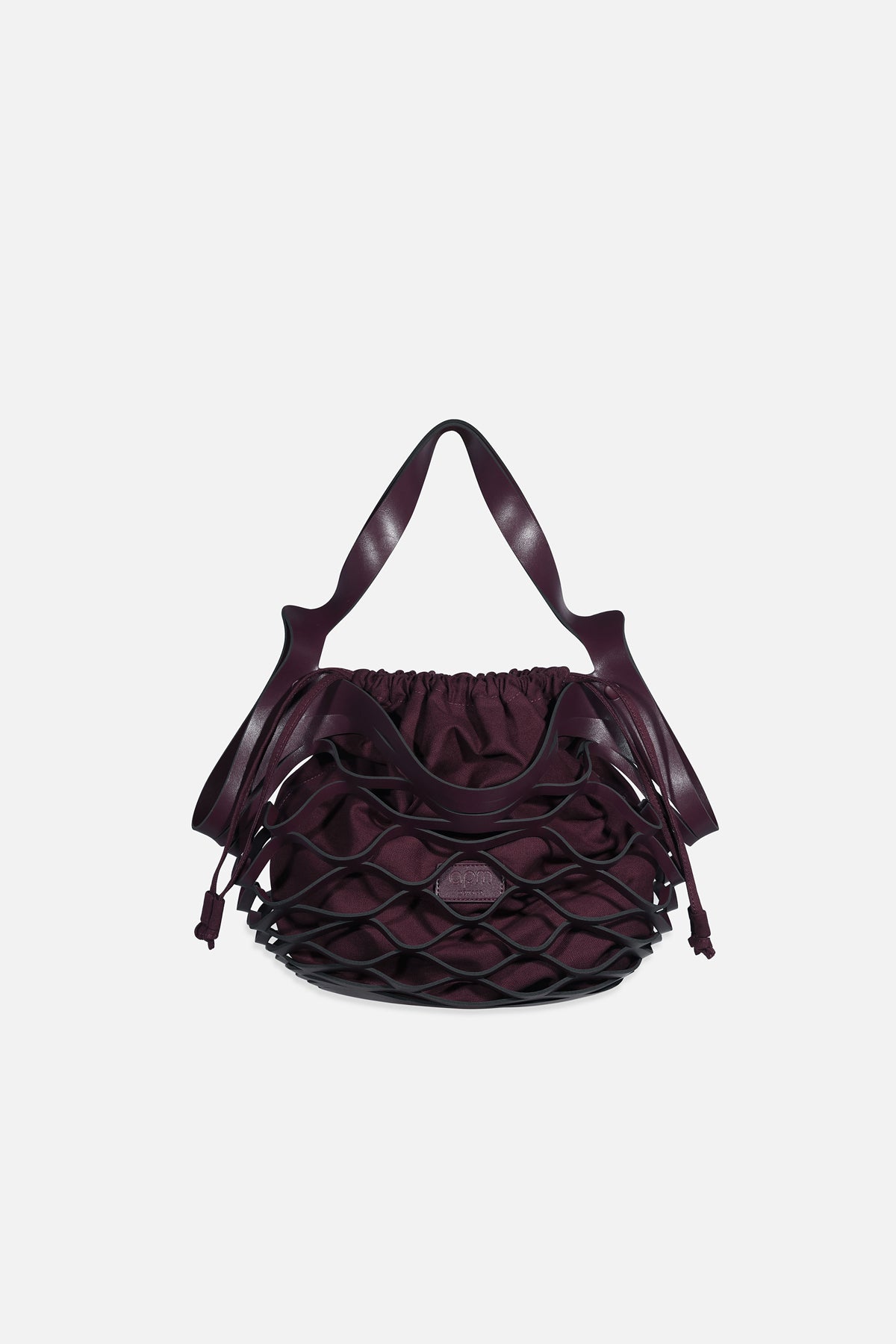 APM handbag in deep burgundy, woven with playful elegance and modern allure.