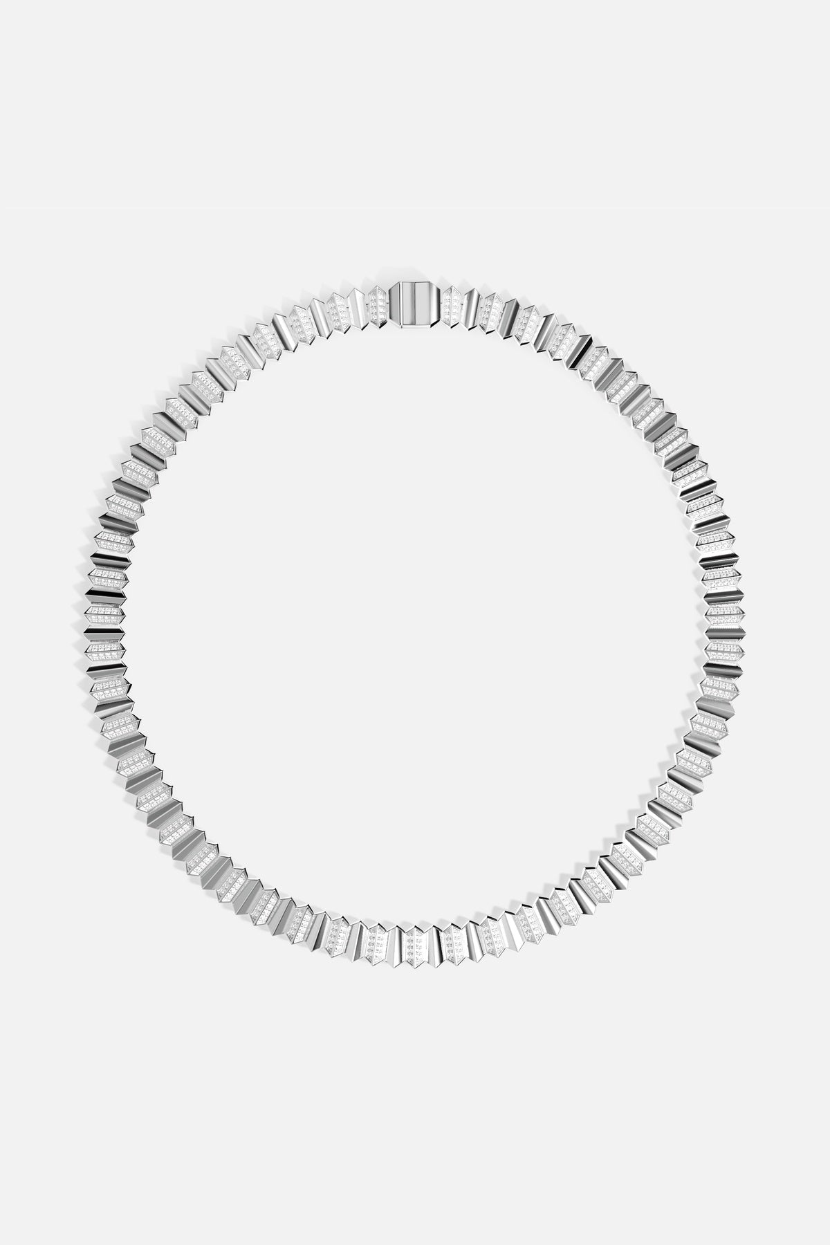 APM Necklace in rhodium finish, sculpted geometry meets quiet radiance.