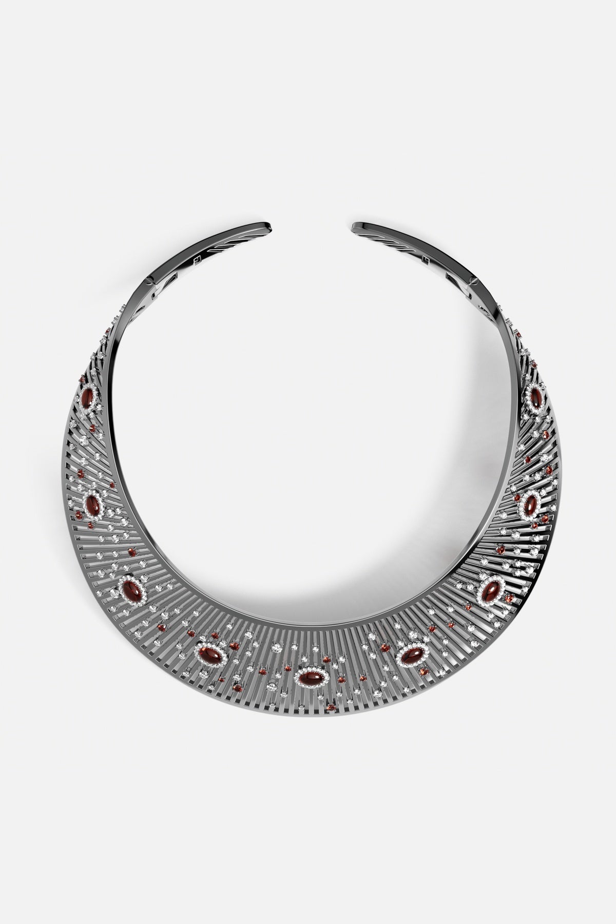 APM Collar Necklace, a bold rhodium finish statement glowing with crimson allure.