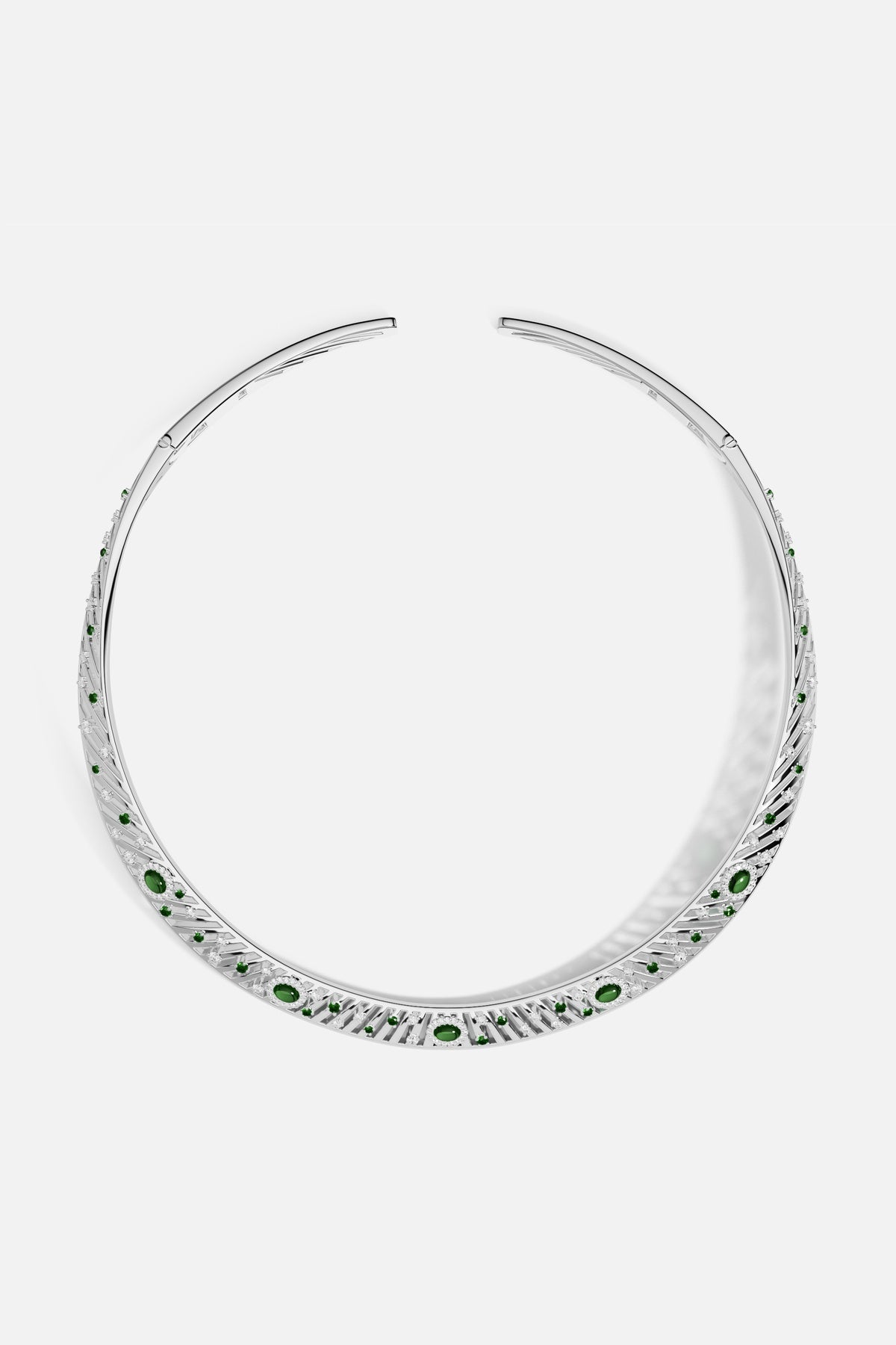 APM Choker in rhodium finish, radiant with emerald green accents, effortlessly regal.