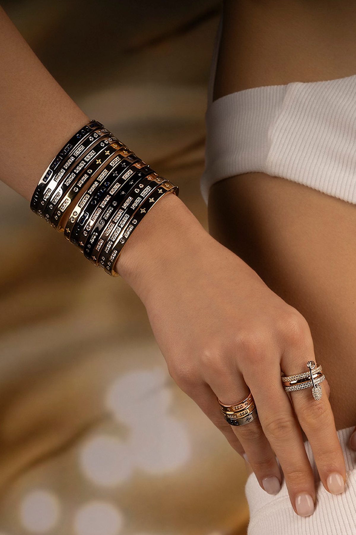 APM Monaco Blue Bonheur Morse Code Bangle in Silver worn on hand