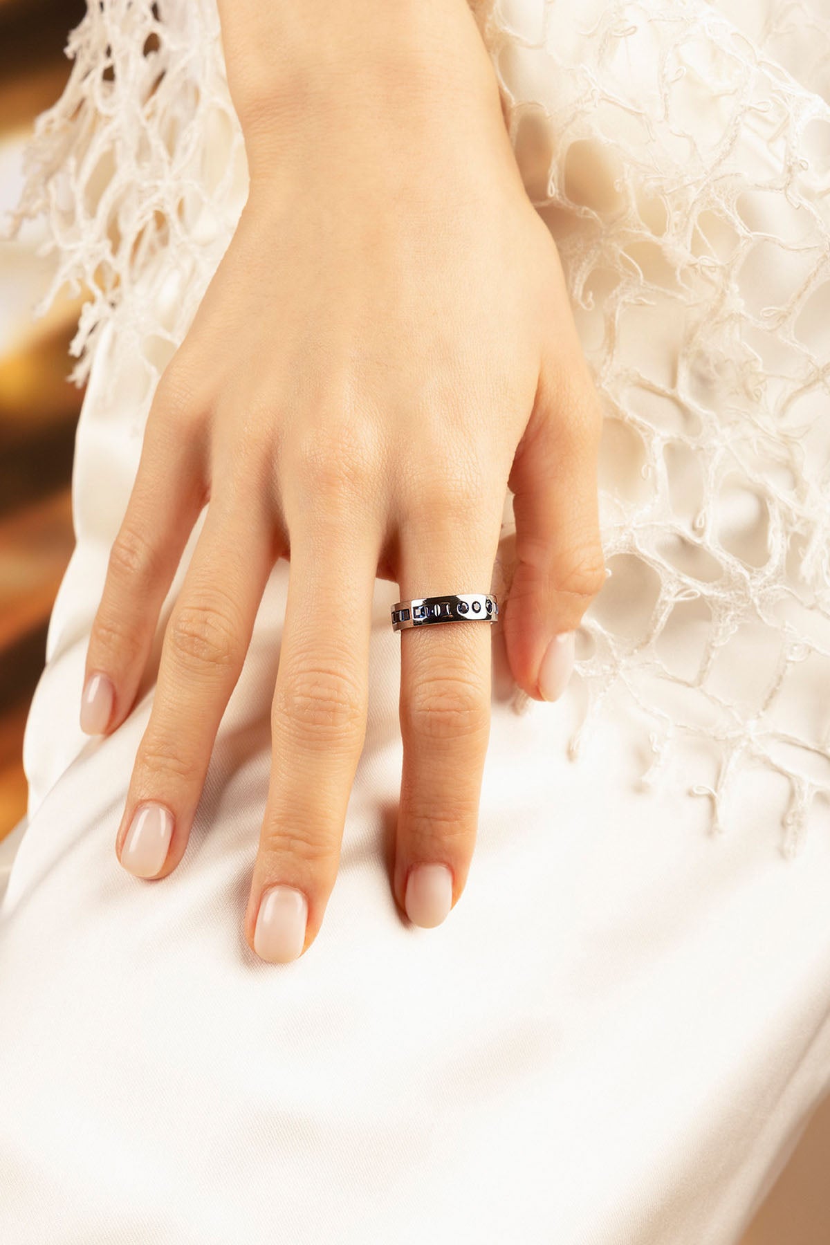 APM Monaco Blue Smile Morse Code Ring in Silver worn on hand
