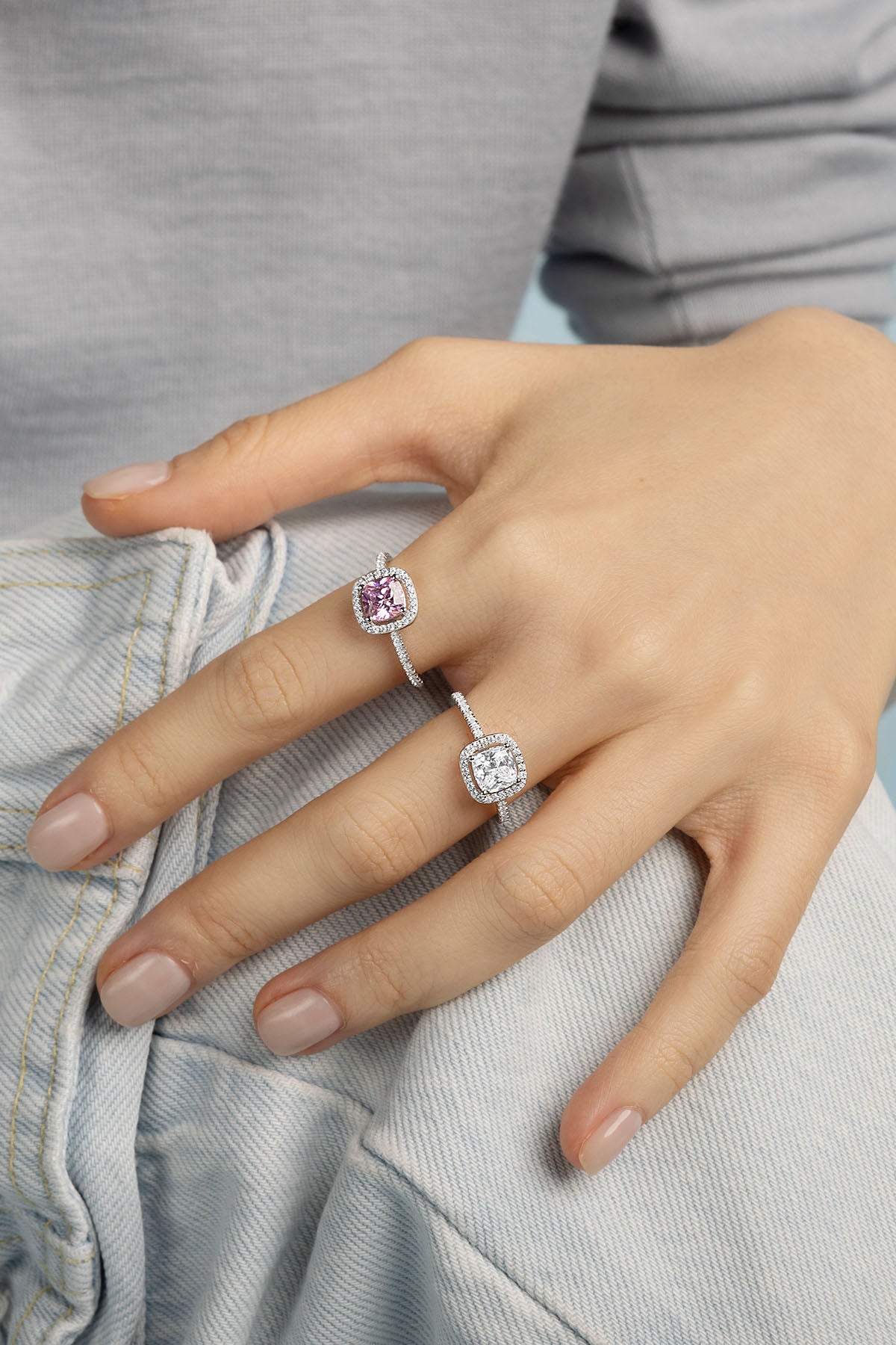 APM Monaco Small Square Pavé Ring in Silver worn on hand