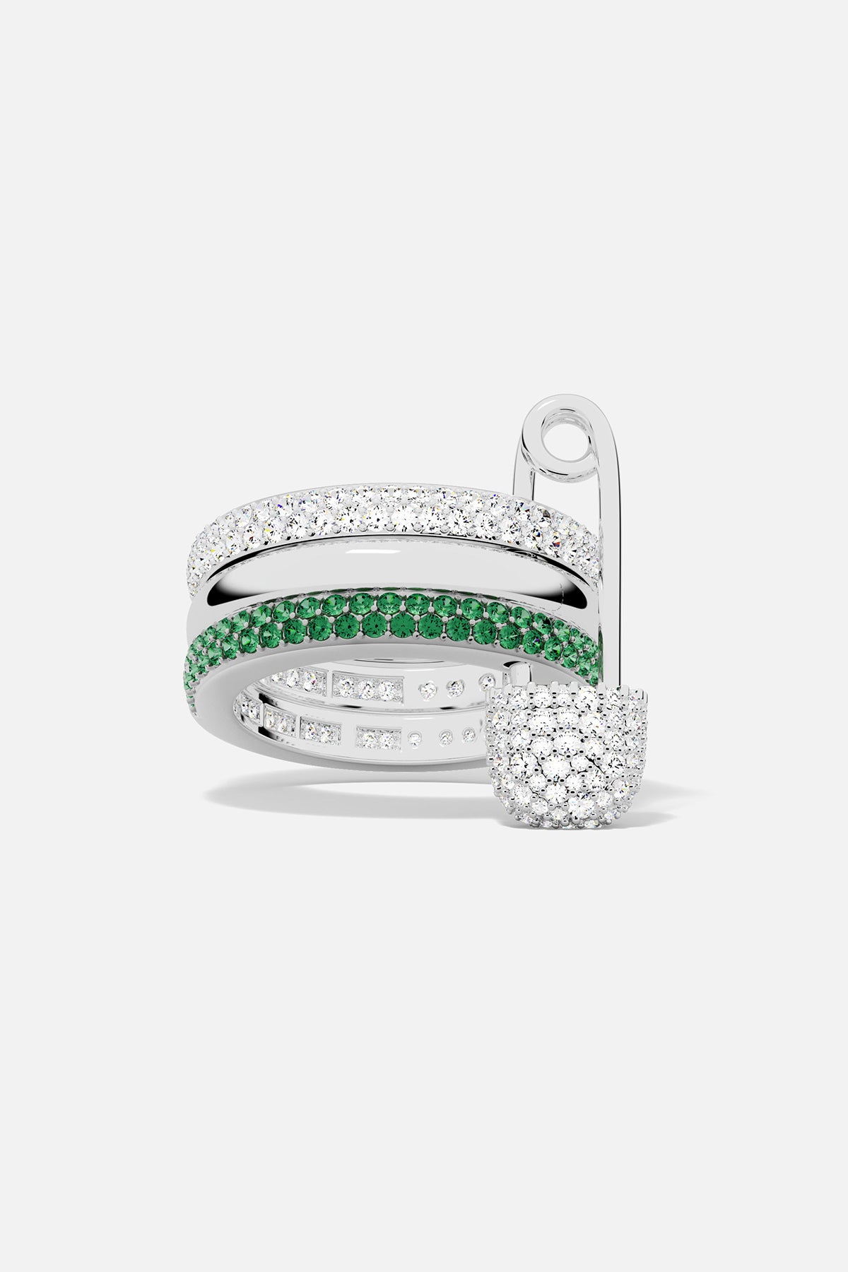 APM MONACO silver pin smile code ring with green stones on white background