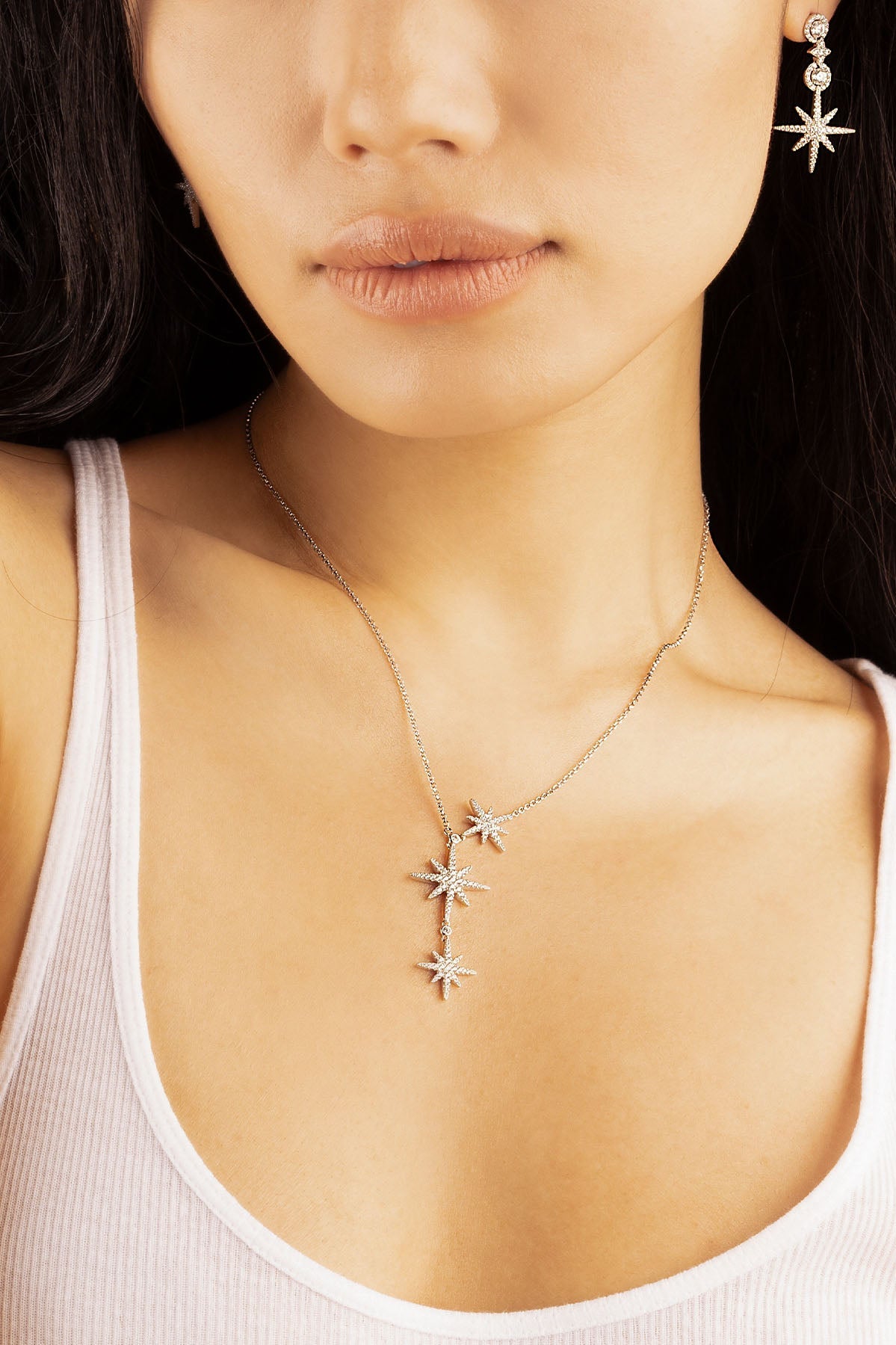 APM Monaco Triple Météorites Adjustable Necklace in Silver worn on neck