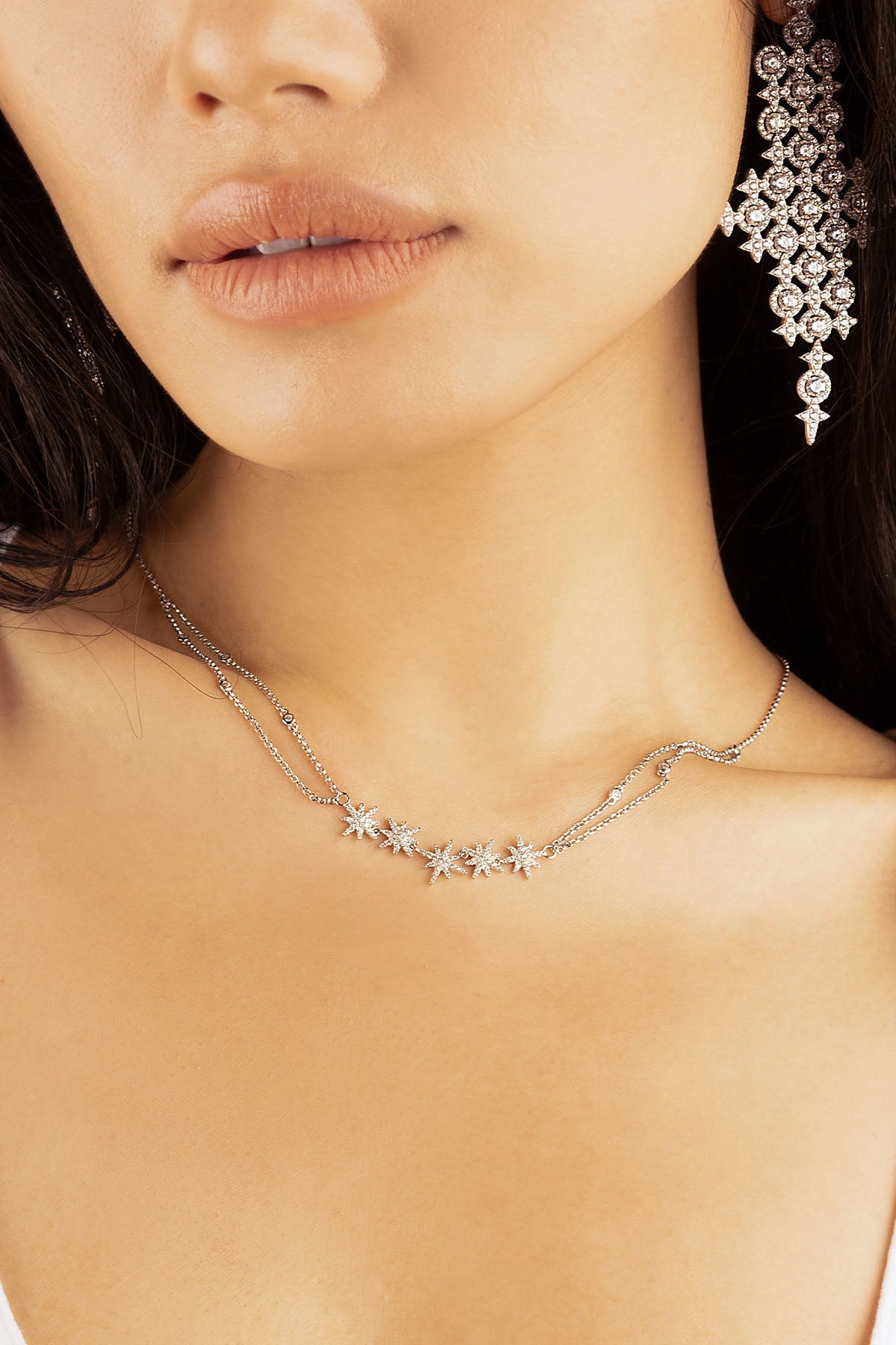 APM Monaco Météorites Double Chain Adjustable Necklace Silver worn on neck