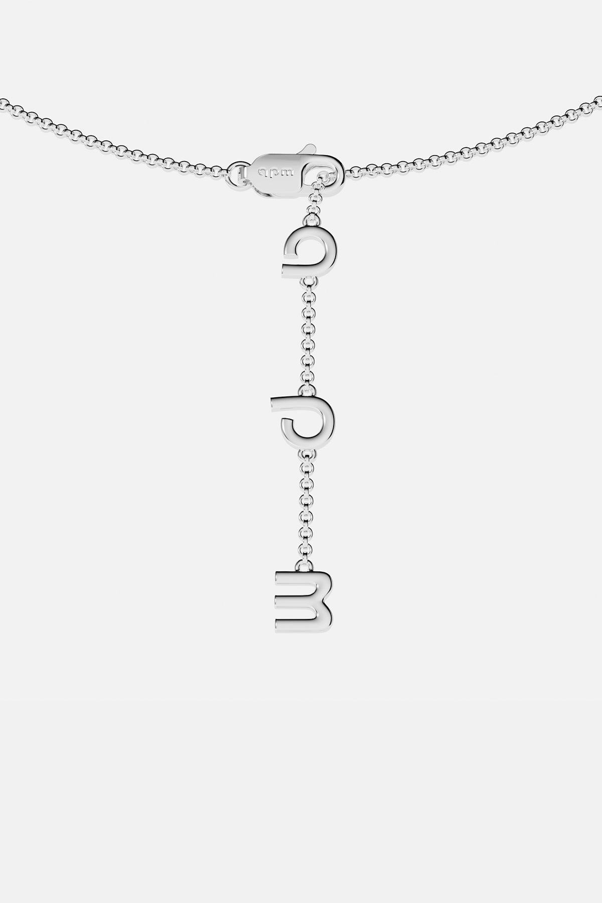 Silver necklace with hanging letter closing on a white background