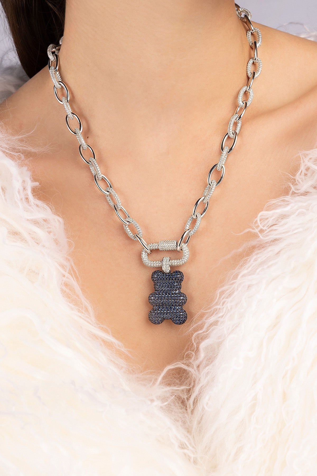 APM MONACO baba yummy bear adjustable chain necklace in silver worn on model