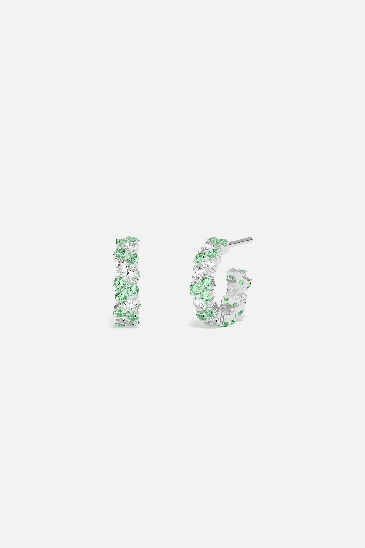 Pair of sterling silver hoop earrings with pastel green pavé accents on a white background
