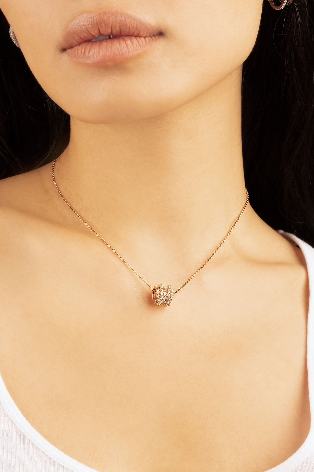 APM Monaco White Hoop Adjustable Necklace in Rose Gold worn on neck
