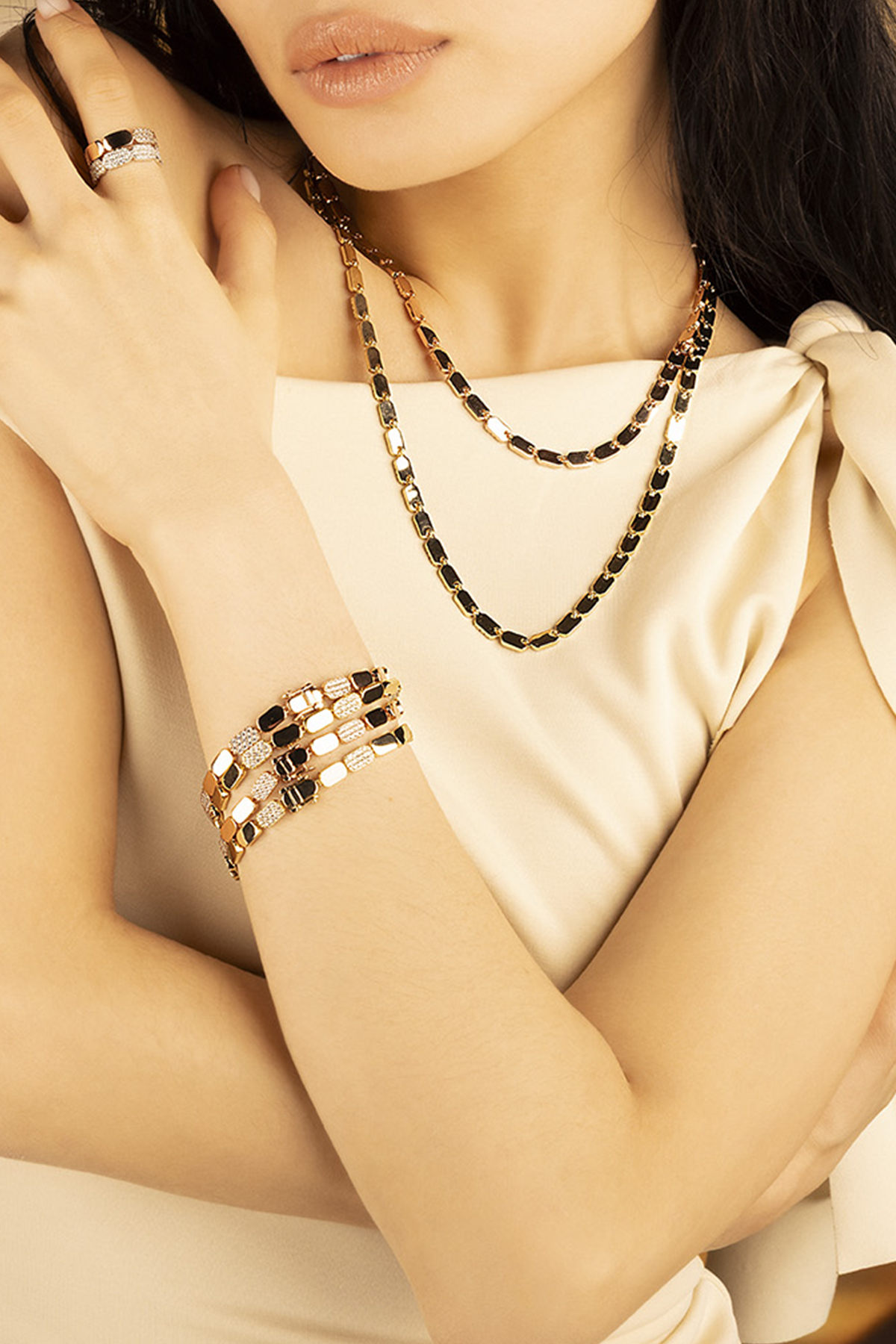 APM Monaco Dainty Adjustable Necklace in rose Gold worn on model