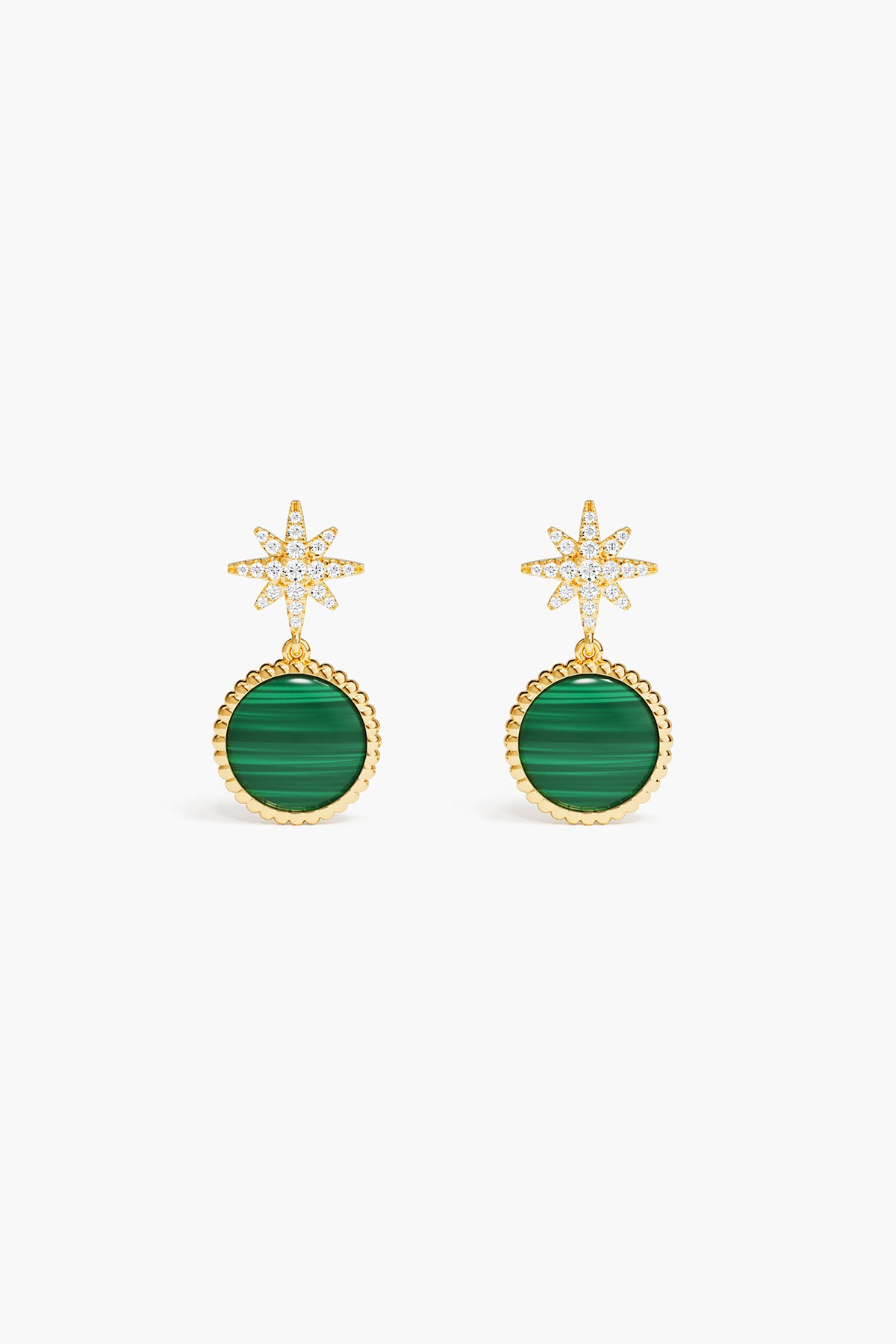 Gold earrings with green circular stones on a white background